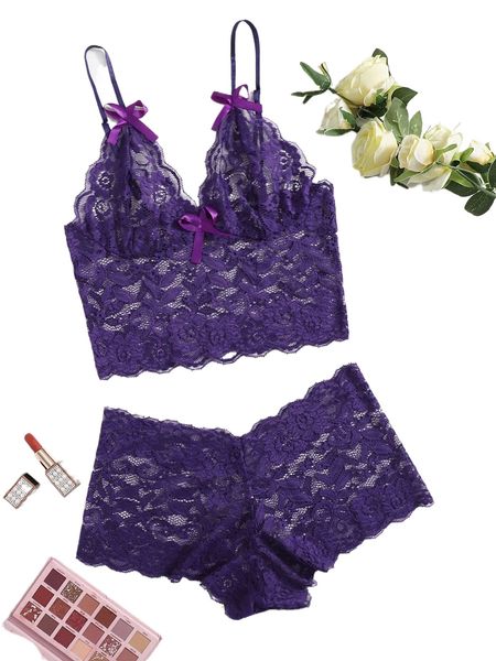 

floral lace scallop trim lingerie set t9x2#, Black;red