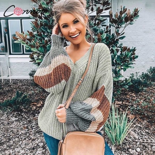

conmoto fashion striped v neck pullover women autumn winter gray long sleeves sweater female high street loose mujer jumper y200116, White;black