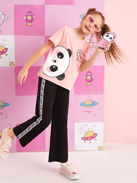 

girls cartoon panda print & letter tape side pants set she, White
