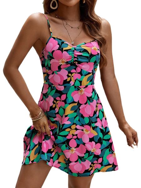 

allover floral print ruched front cami dress m0d8#, Black;gray