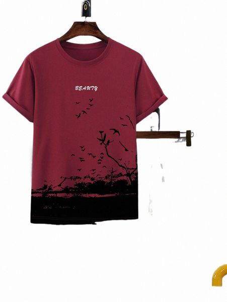 

men letter & bird print tee & drawstring waist shorts w7g6#, Gray