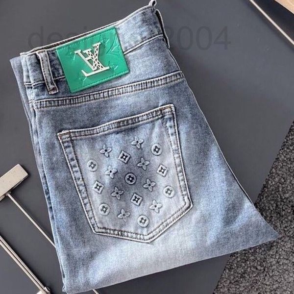 

men's jeans designer high end european goods 2022 summer thin classic trend embossed jacquard pocket wash slim fitting jeans uhw3, Blue