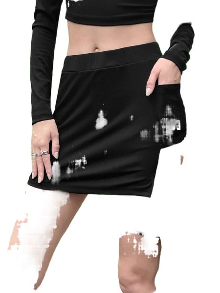 

high waist solid asymmetrical hem pocket tie side skirt l79m#, Black