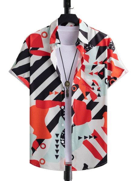 

men geo print patched pocket shirt without tee p6km#, White;black