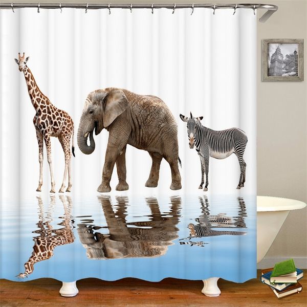 Cortina de chuveiro de decoração do banheiro Funny Elephant Zebra Giraffe 3D Impresso à prova d'água com ganchos 220429