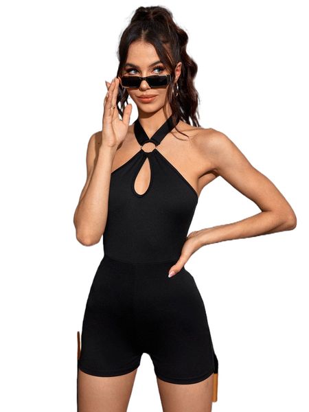 

cut out o-ring detail halter neck backless unitard romper 32pp#, Black;white