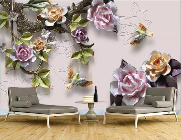Benutzerdefinierte Foto -Tape -Papier 3D Landschaft TV Hintergrund Wanddekoration Gemälde Wohnzimmer TV Kulisse geprägte Rose Wallpaper