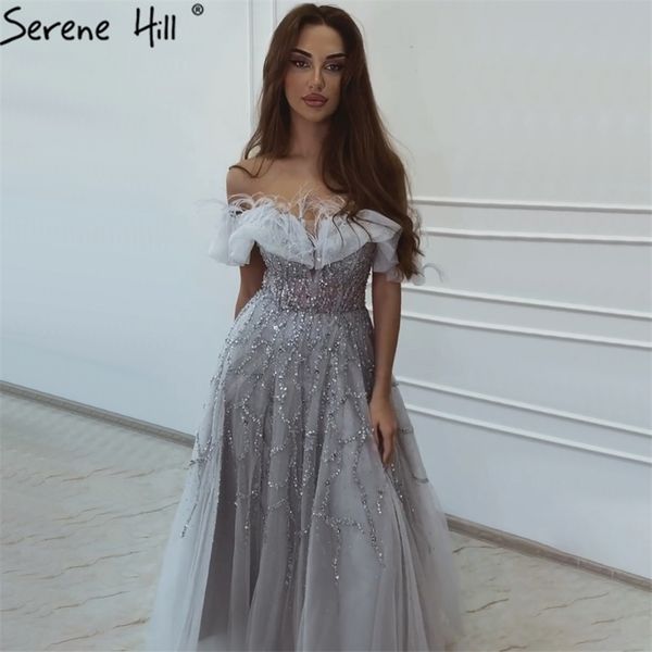 

serene hill grey luxury beaded feathers aline evening gown off shoulder for women formal party dress cla71328 220627, White;black
