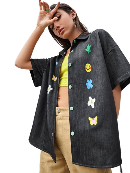 

cartoon and butterfly print drop shoulder blouse 32jk#, White