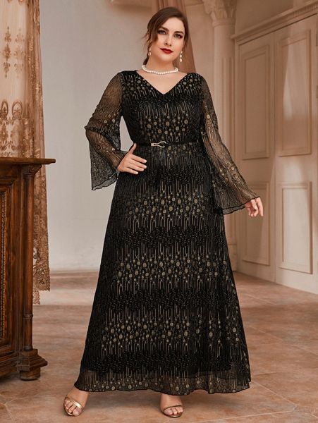 

plus embroidery mesh flounce sleeve belted prom dress p5i7#, Black