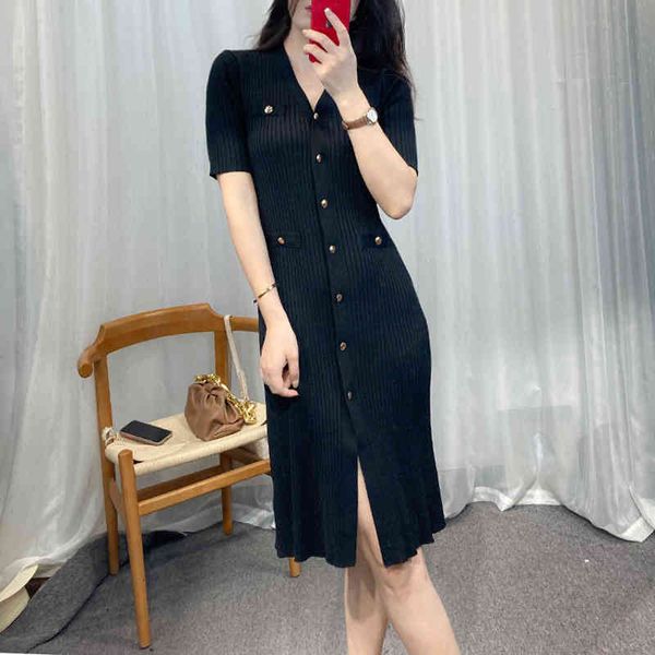 

casual dresses ed high version french elegant v-neck knitted small black skirt light familiar hepburn style slim split dress summer 99ye, Black;gray