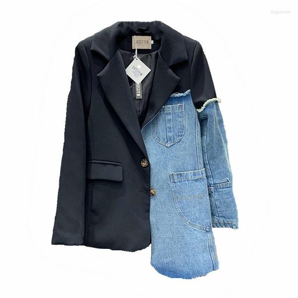 Feminino assimétrico cor preta retalhos jeans blazer sigle breasted moda jeans jaqueta