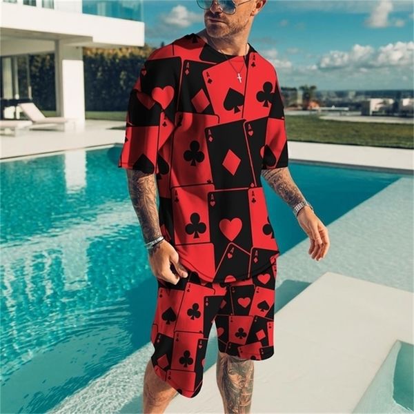

summer men's sets playing cards printing short-sleeved t-shirt suit leisure 2 piece set street fashion men shorts man clothing 220813, Gray