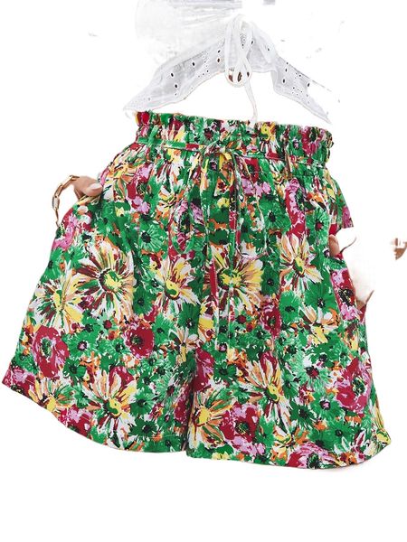 

floral print paper bag waist belted shorts 07qd#, White;black