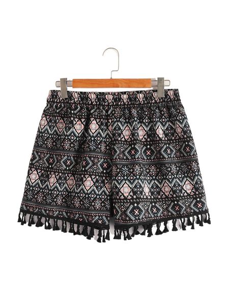 

plus floral print fringe hem shorts r0hf#, Black
