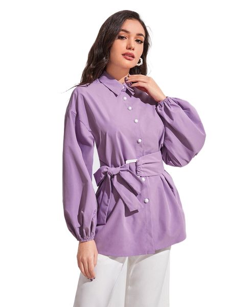 

lantern sleeve belted shirt o3xc#, White