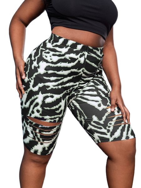

sxy plus allover print cut out shorts 32uz#, Black