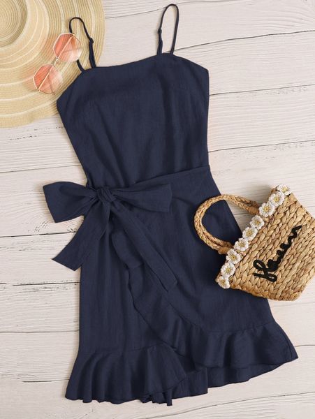 

tied open back ruffle trim wrap front cami dress 29oa#, Black;gray