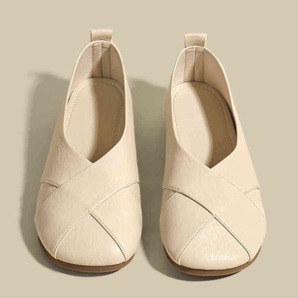 

dress shoes 2022 pu leather ballet flats women casual soft rubber sole boat round toe slip on driving loafers moccasin walk 220512, Black