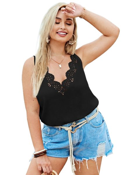 

plus laser cut v-neck cami r6tv#, Black