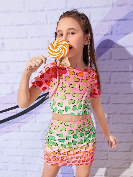 

girls allover heart print crop tee & skirt set she, White