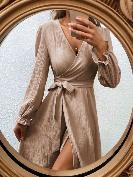 

surplice neck belted lantern sleeve dress u5pc#, Black;gray