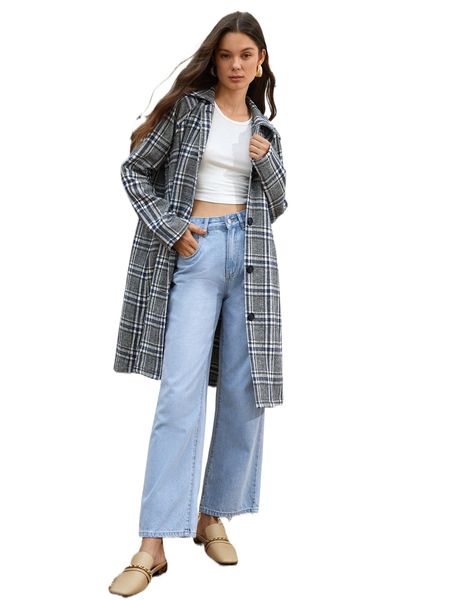

tartan raglan sleeve slant pockets coat y876#, Black