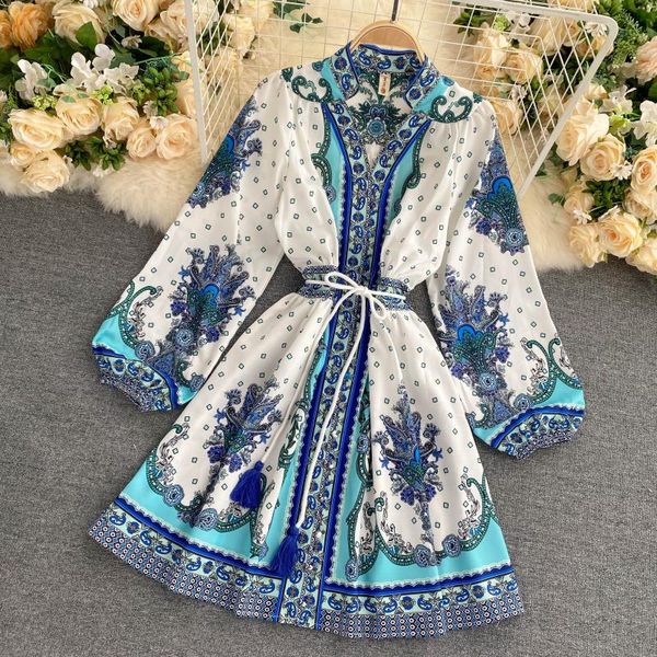 

dresses for women 2022 elegant runway fashion paisley print vintage dress with belt spring autumn long sleeve dress, Black;gray