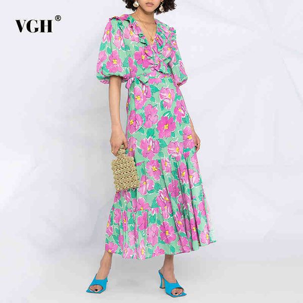 

hit color elegant dress female v neck puff sleeve high waist print floral dresses fashionable clothing spring 210507, Black;gray