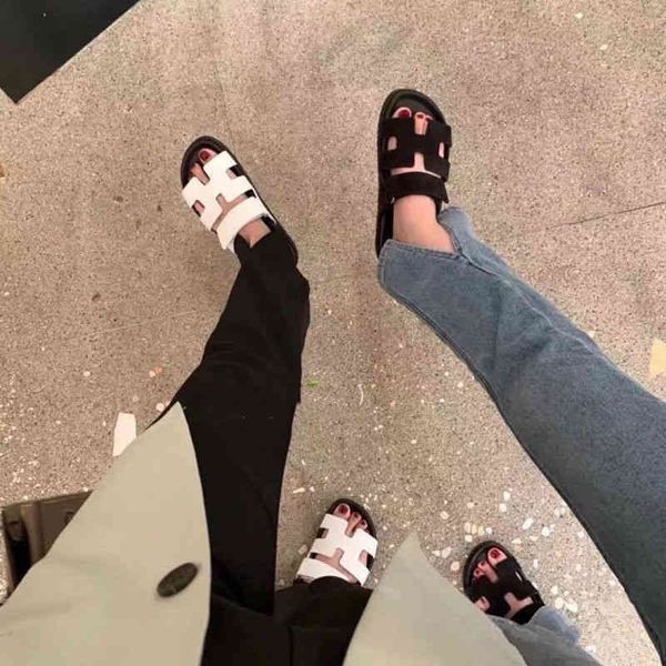 

chypres designer slipper herme sandals one line with velcro h slippers for women summer thick soled beach shoes leisure soft soled second un, Black