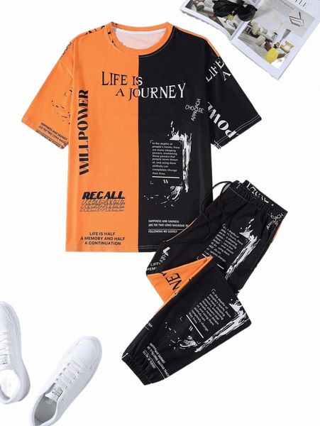 

men random slogan graphic two tone tee & drawstring waist sweatpants h31q#, Gray