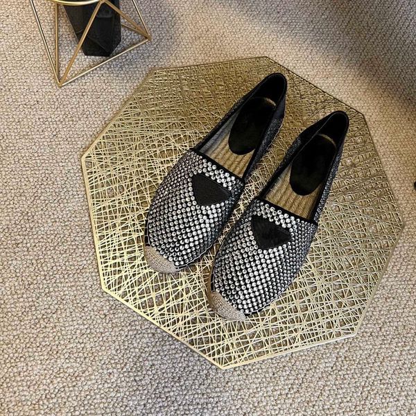 

shoes women spring casual espadrille genuine leather round toe crystal slip on solid women flats zapatos de mujer, Black