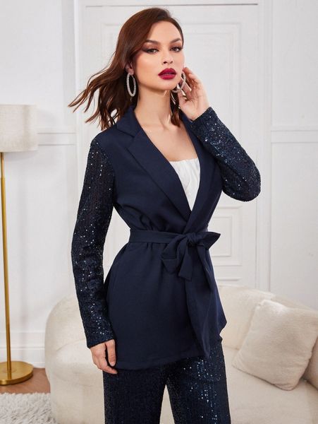 

contrast sequins sleeve belted blazer e4cy#, White