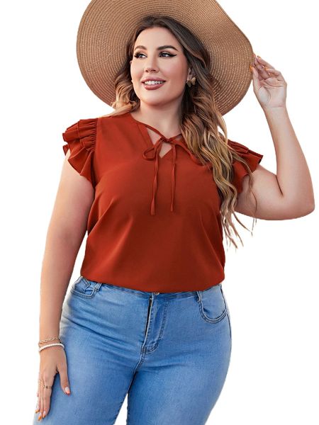 

plus butterfly sleeve tie neck blouse h0bs#, Black