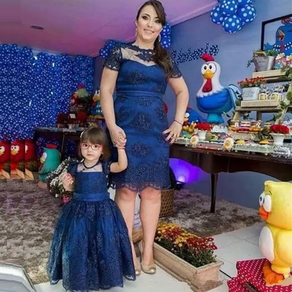 

toddler flower girls' dresses long sleeves beaded lace appliques short cocktail party pageant gowns mini mother&daughter prom dress, White;blue