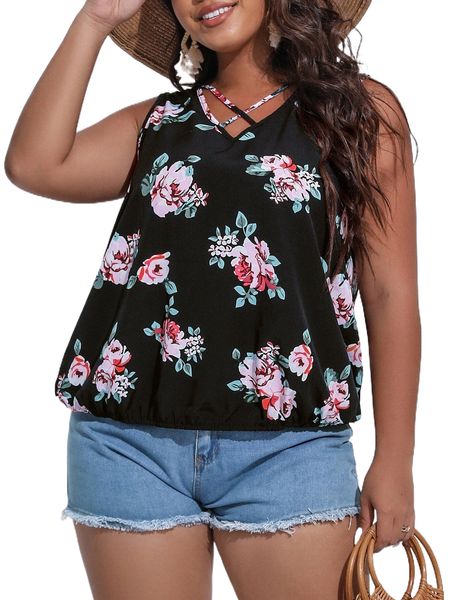 

plus floral print crisscross tank o5lw#, Black