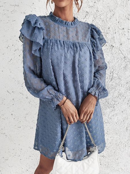 

swiss dot ruffle trim flounce sleeve chiffon dress v21x#, Black;gray