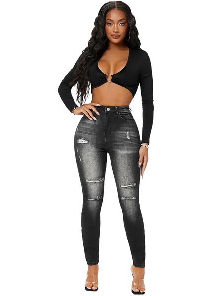 

sxy high waist skinny ripped jeans 35pu#, Blue