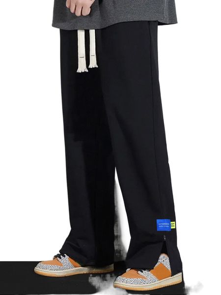 

men drawstring waist patch detail zip hem sweatpants e4sl#, Black