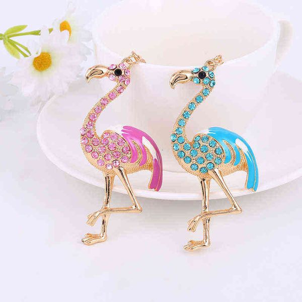 

cute cartoon creative inlaid with diamond flamingo key chain red crowned crane animal metal pendant jewelry, Slivery;golden