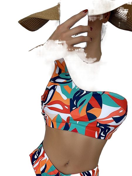 

random allover print one shoulder bikini s2lr#, White;black