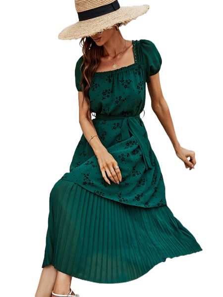 

floral print square neck puff sleeve pleated hem belted dress h7g4#, Black;gray