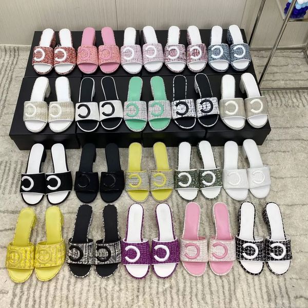 

2022 new style designer slippers fashion women tweed sandals letter flats slip on beach mule embroidery slides lady girls macaron platform w, Black