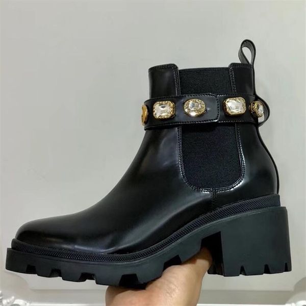 

2022-women chunky heel work tooling shoe fashion western crystal desert rain boots winter snow ankle martin boots size 35-40249z, Black