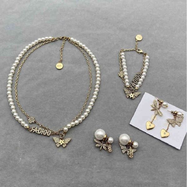 

factory wholesale suit little 2022 year new female pearl earrings butterfly pearl chain necklace net red bracelet, Silver
