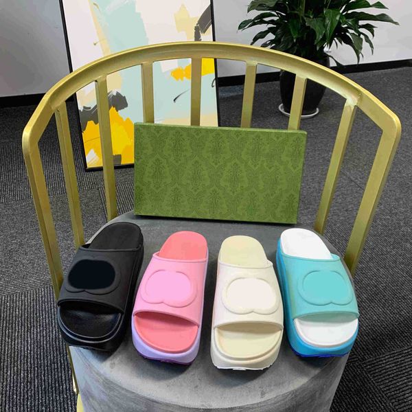 

2022 women's slippers sandals flat summer luxury slides men's ladies rubber leather loafers fashion platform g solid color flip-fl, Black