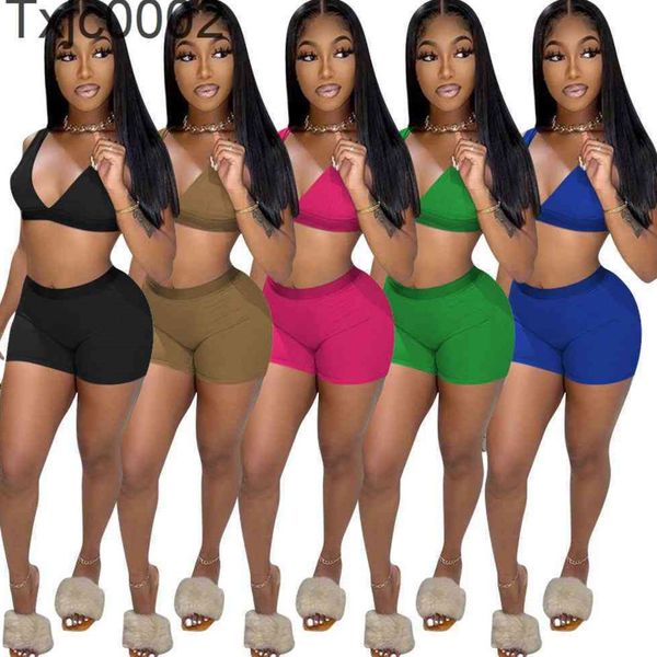 

summer tracksuits two pieces shorts set women deisgner slim leisure solid colour bra shorts ladies beach suit sports vest suits, Gray