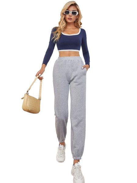 

elastic waist slant pocket sweatpants 7224#, Black;white