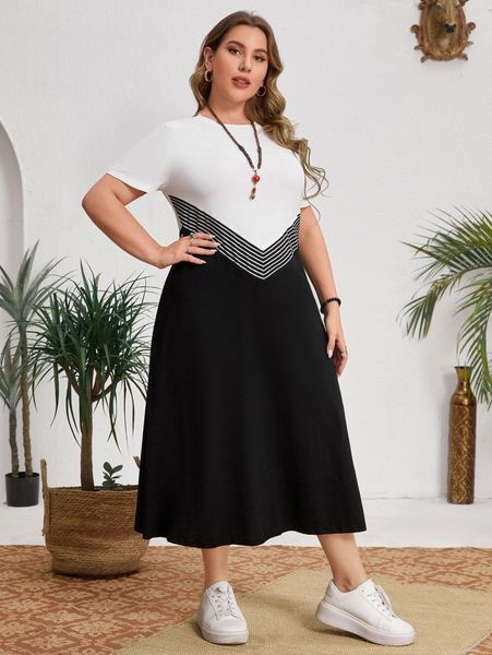

plus chevron striped panel colorblock dress 58ik#, Black