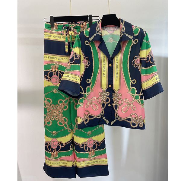 

fashion women sleepwear designer pajamas double g floral sleeping clothes v neck shortsleeves with pants two pieces sets pyjamas for female, Black;red